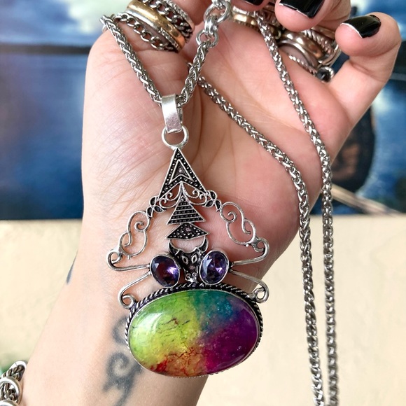 925 sterling silver overlay amethyst & Rainbow solar quartz stone charm necklace - Picture 11 of 11